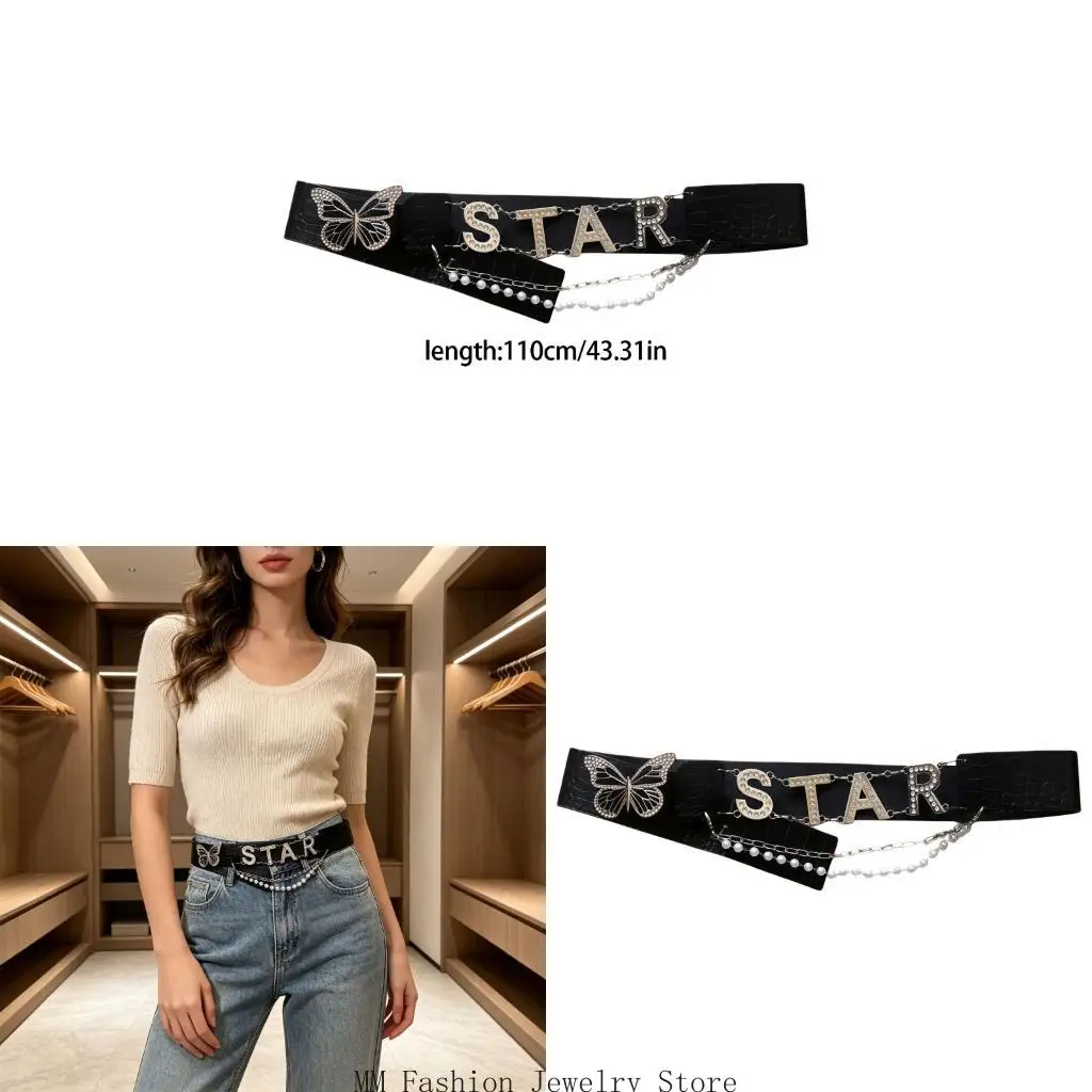 Layered Styling Waist Belt With Butterfly Front, Adjustable Wide Dress Belt for Parties, Travel, and Photos D0UB