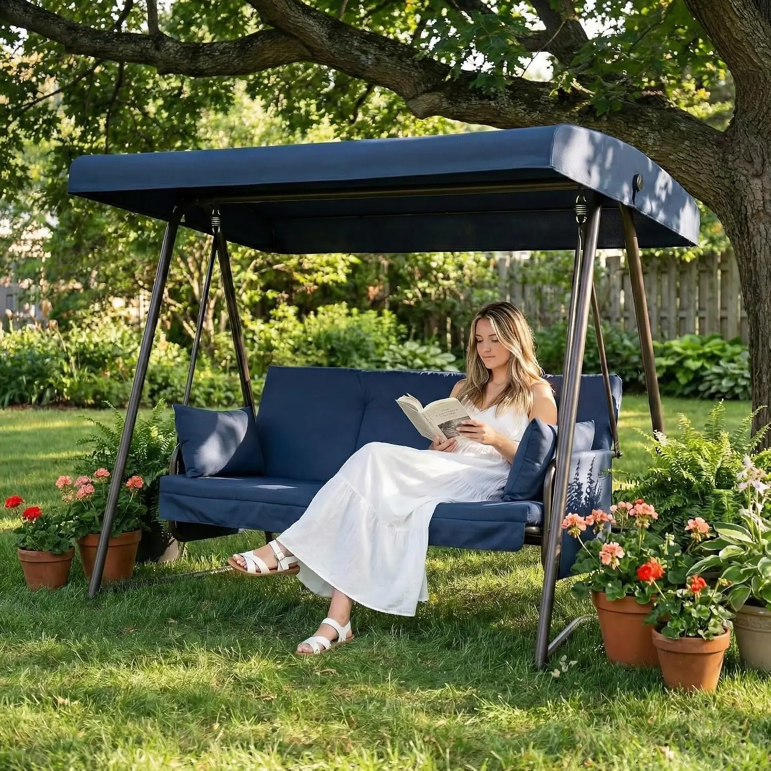 Outdoor 3-Seat Porch Swing Bed With Stand & Canopy, Heavy Duty Patio Extra Large Swing With Rain Cover, Customized