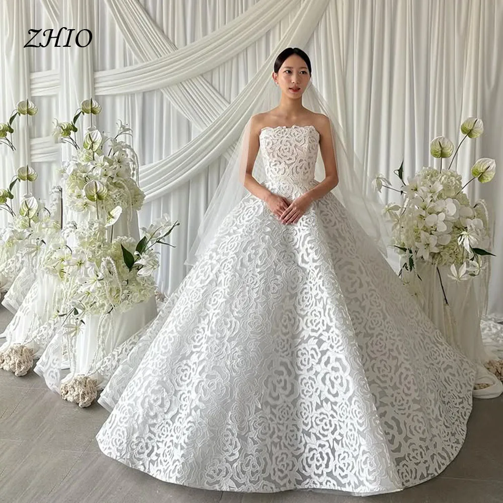 Zhi romântico sem alças uma linha vestido de casamento 2026 coreia vestido de casamento sessão de fotos renda tribunal trem vestido de casamento personalizado