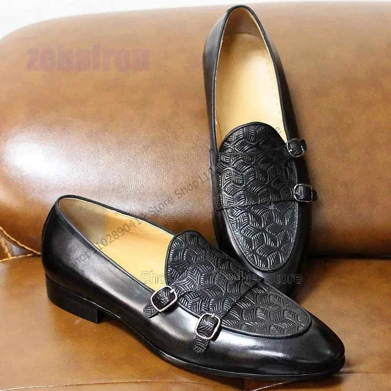 

Black Buckle Decor Embossed Design Men Loafers Fashion Slip On Men Shoes Luxurious Handmade Party Feast Office Men Dress Shoes