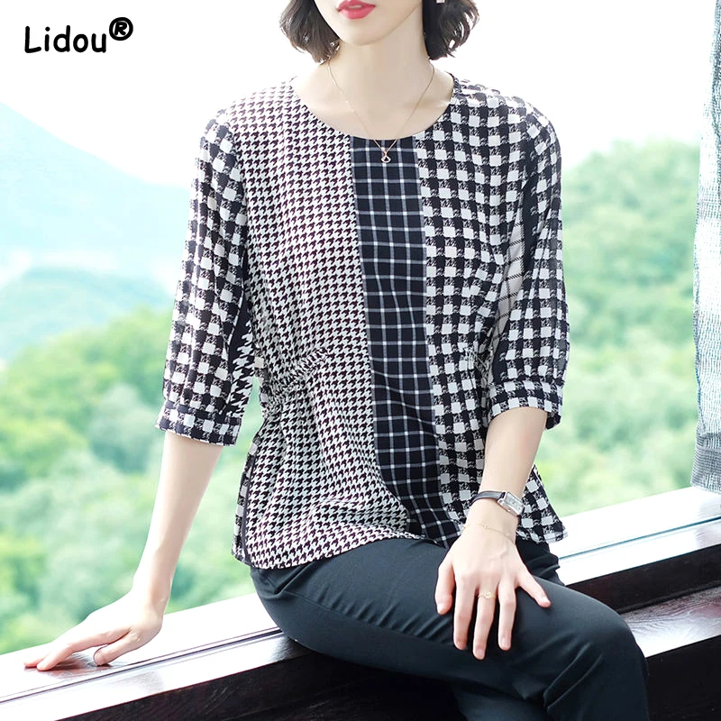 

Korean Office Lady O-neck Patchwork Half Sleeve Plaid Print Loose Summer T-shirts Fashion Comfortable Popularity Women's Clothes