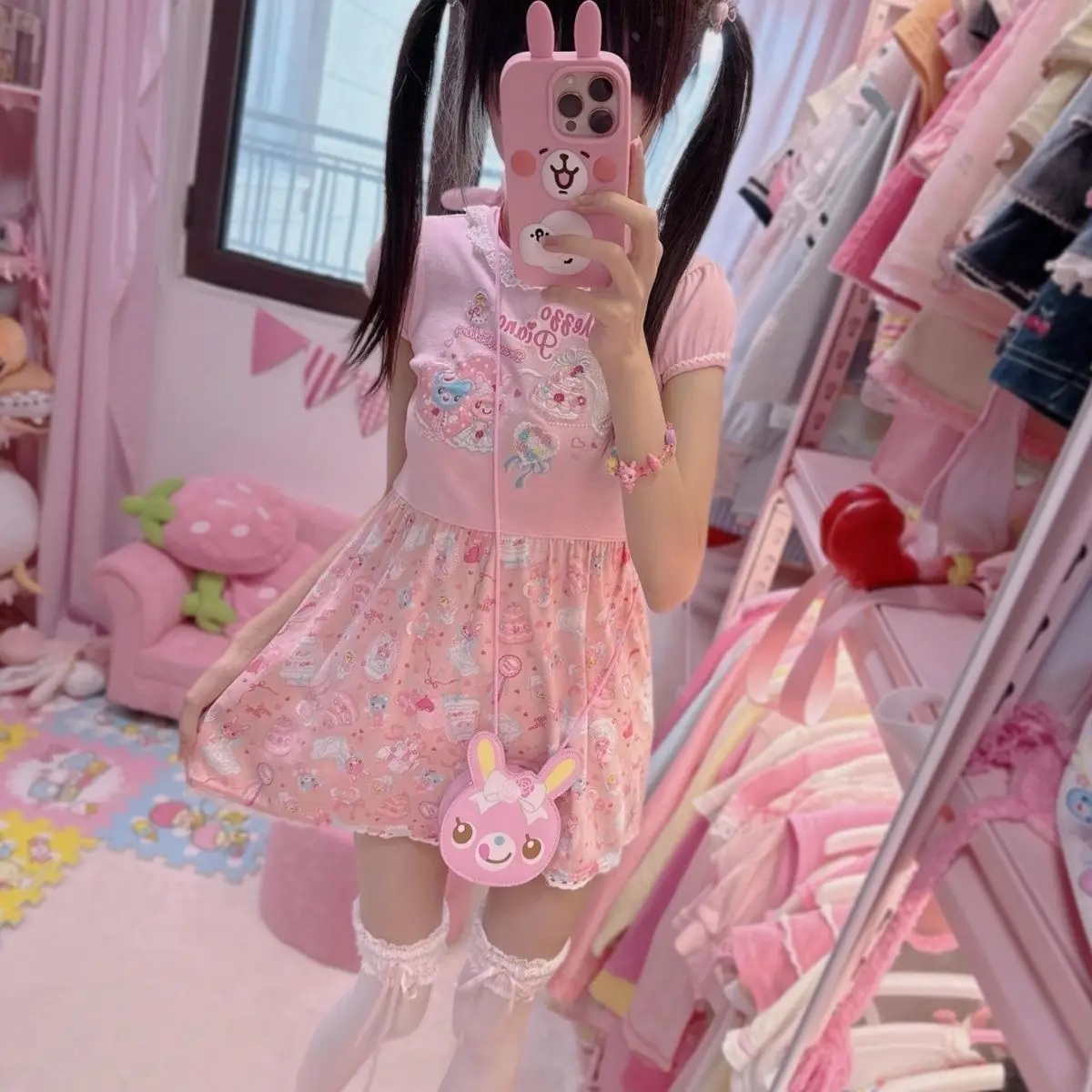 Summer Short Sleeve T-Shirt Dress Cute Rabbit Print Soft Girl Skirt Sweet Cartoon Style Revival Daughter's Dress A-Line Skirt - Image 3