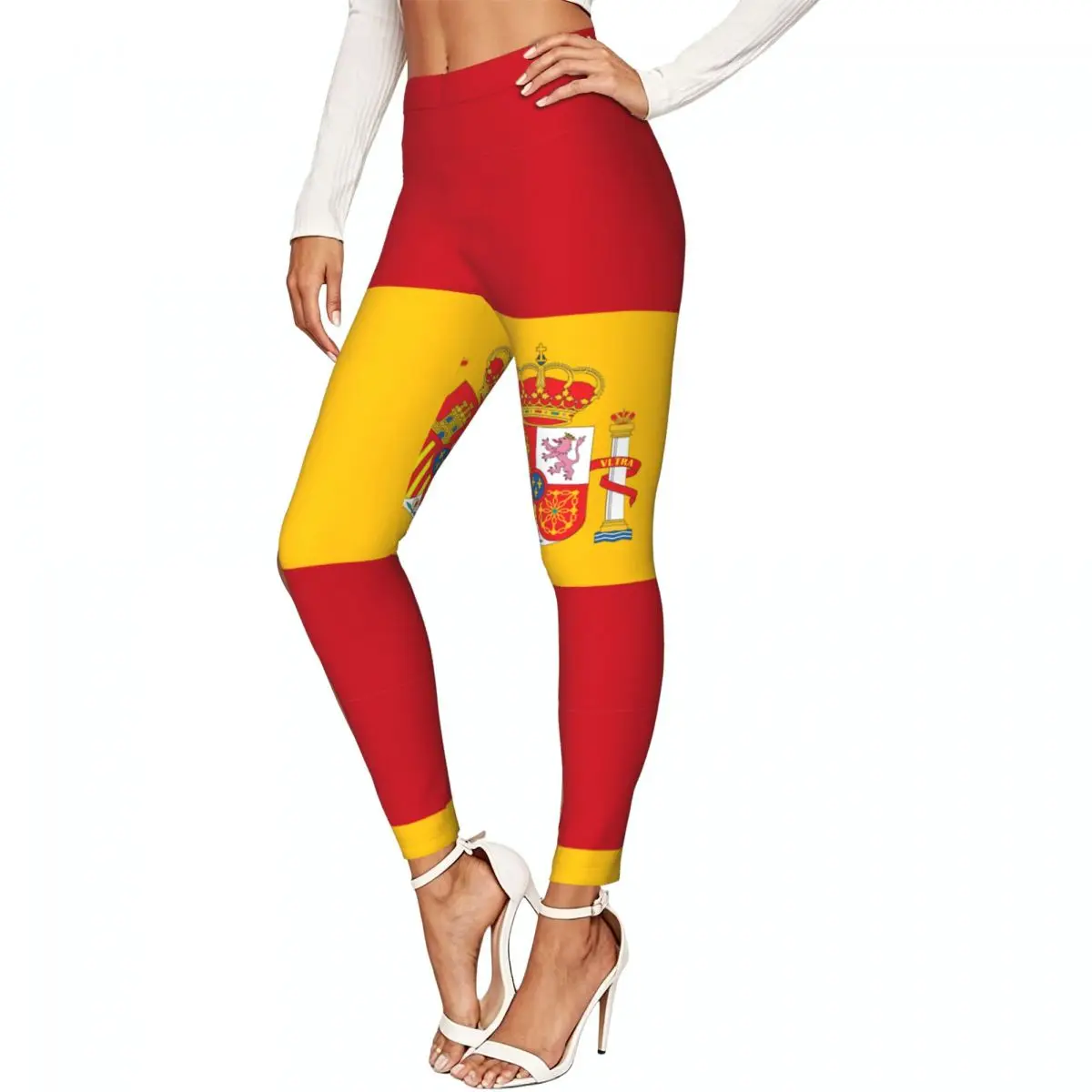 Women Full Length Elastic Leggings High Waist Tight Pants Spain Flag Casual Bottoms