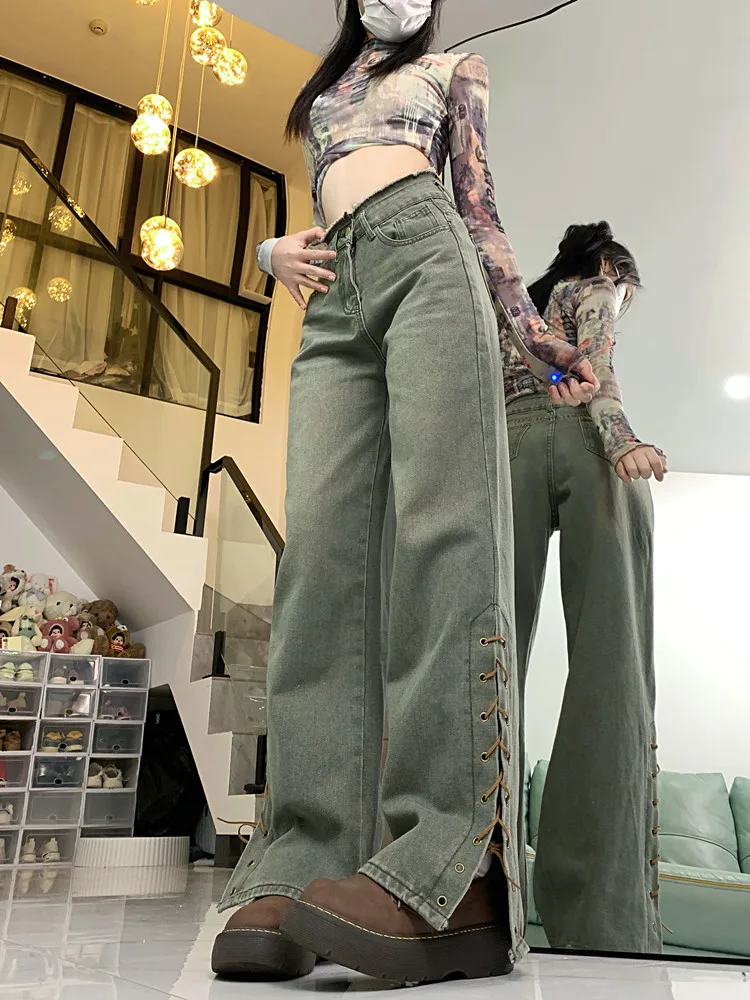 

Women Green Baggy Jeans Harajuku Y2k Denim Trousers Lace-up High Waist Cowboy Pants Vintage Aesthetic 2000s Trashy Clothes 2024