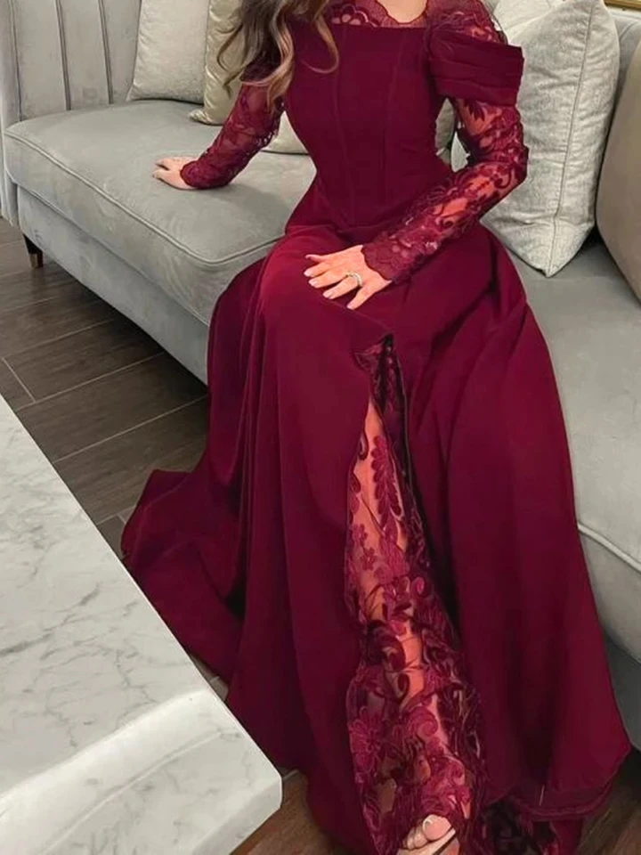 

Temperament Solid Color High Waist Dress Sexy One-shoulder Lace Spliced Evening Dress Elegant Long Sleeve Pleated Banquet Dress