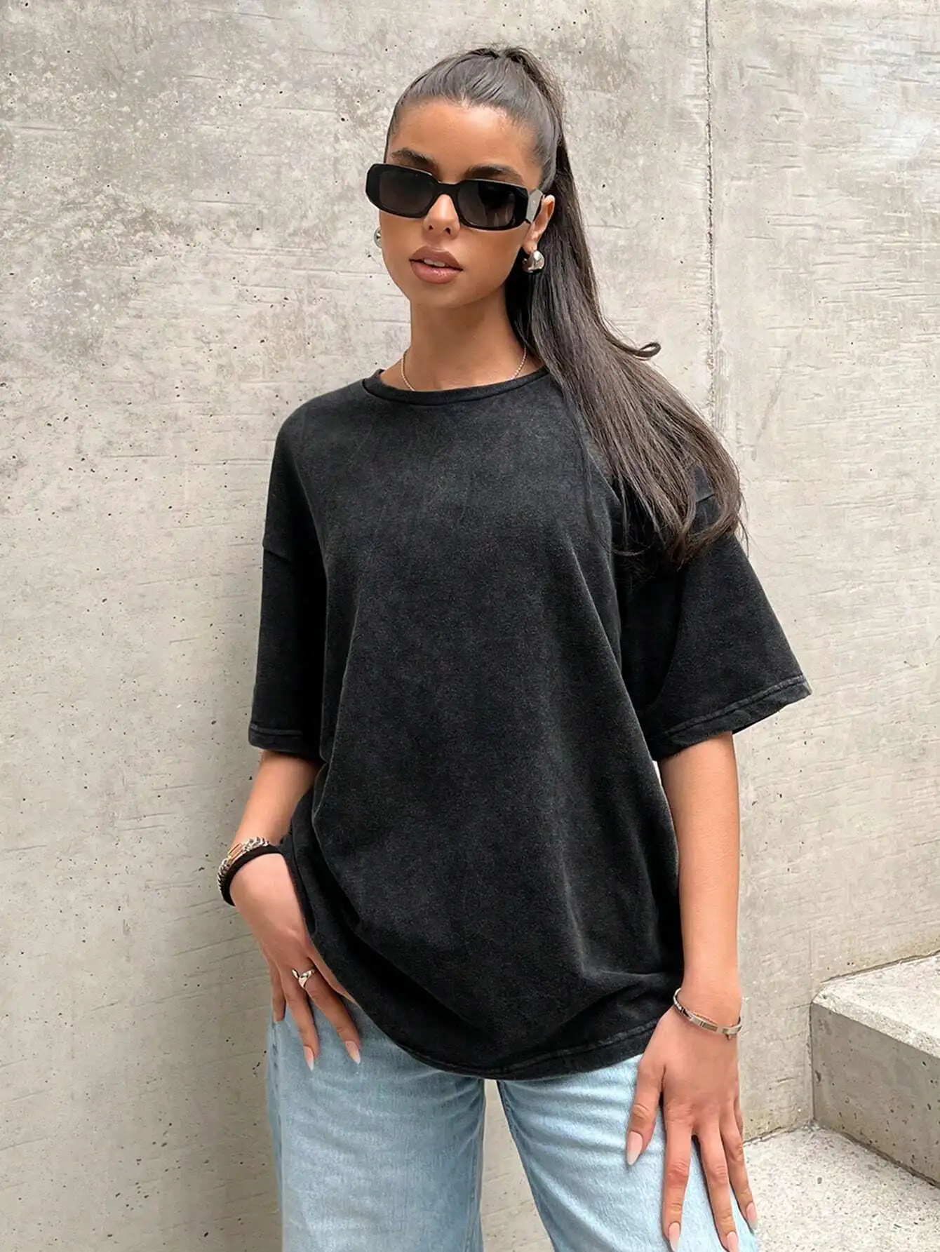 

Women's Black Vintage Washed Loose Fit Casual Knit T-Shirt