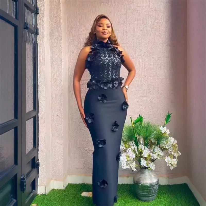 

Black Floral Prom Dress Bandage Shiny Sequins Sexy Sleeveless Sheath Long Gown Formal Wedding Guest Birthday Evening Robe