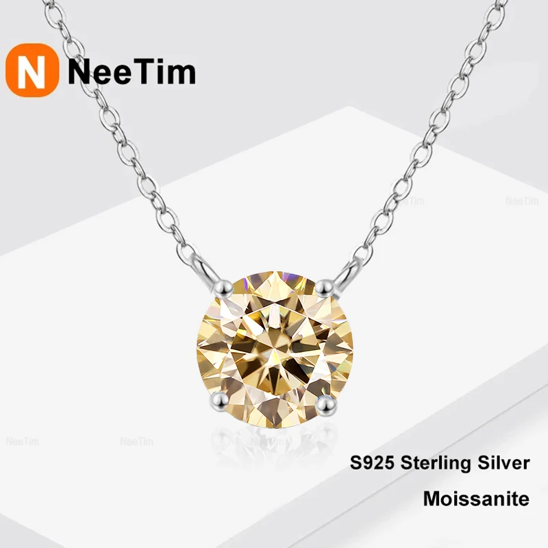 NeeTim 1ct 2ct 3ct Colored Moissanite Necklace for Women 925 Sterling Silver with White Gold Plated Woman's Necklaces Chain
