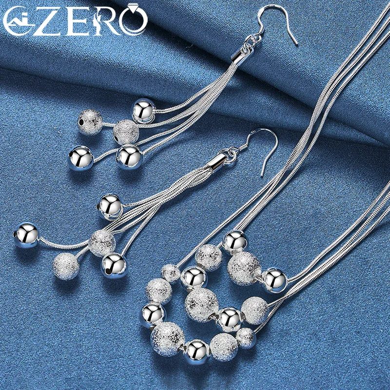 ALIZERO 925 Sterling Silver 2pcs Sets Smooth Frosted Beads Earrings Necklace For Women Wedding Engagement Party Jewelry Set