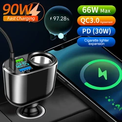 66W PD Car Charger QC3.0 Type C 1 to 4 Car Cigarette Lighter Plug 4 Port Car Charger Flash Charge with Digital Display