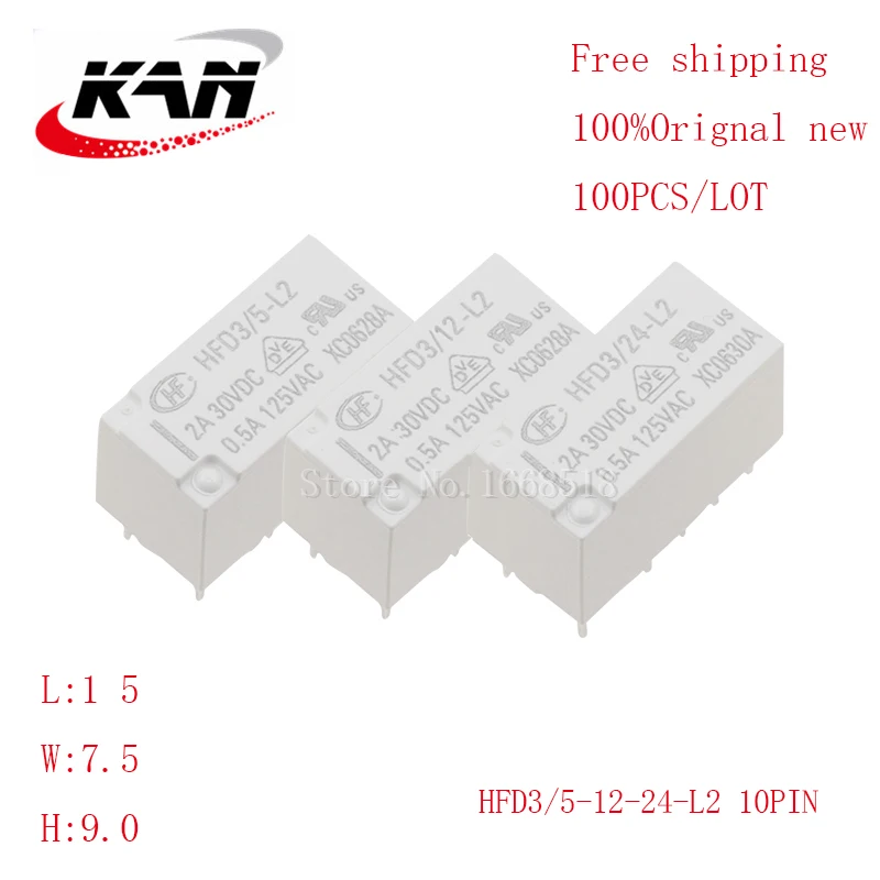 

Free shipping 100pcs relay HFD3/5-L2 HFD3/12-L2 HFD3/24-L2 5VDC 12VDC 24VDC 2A 30VDC 10PIN Original New