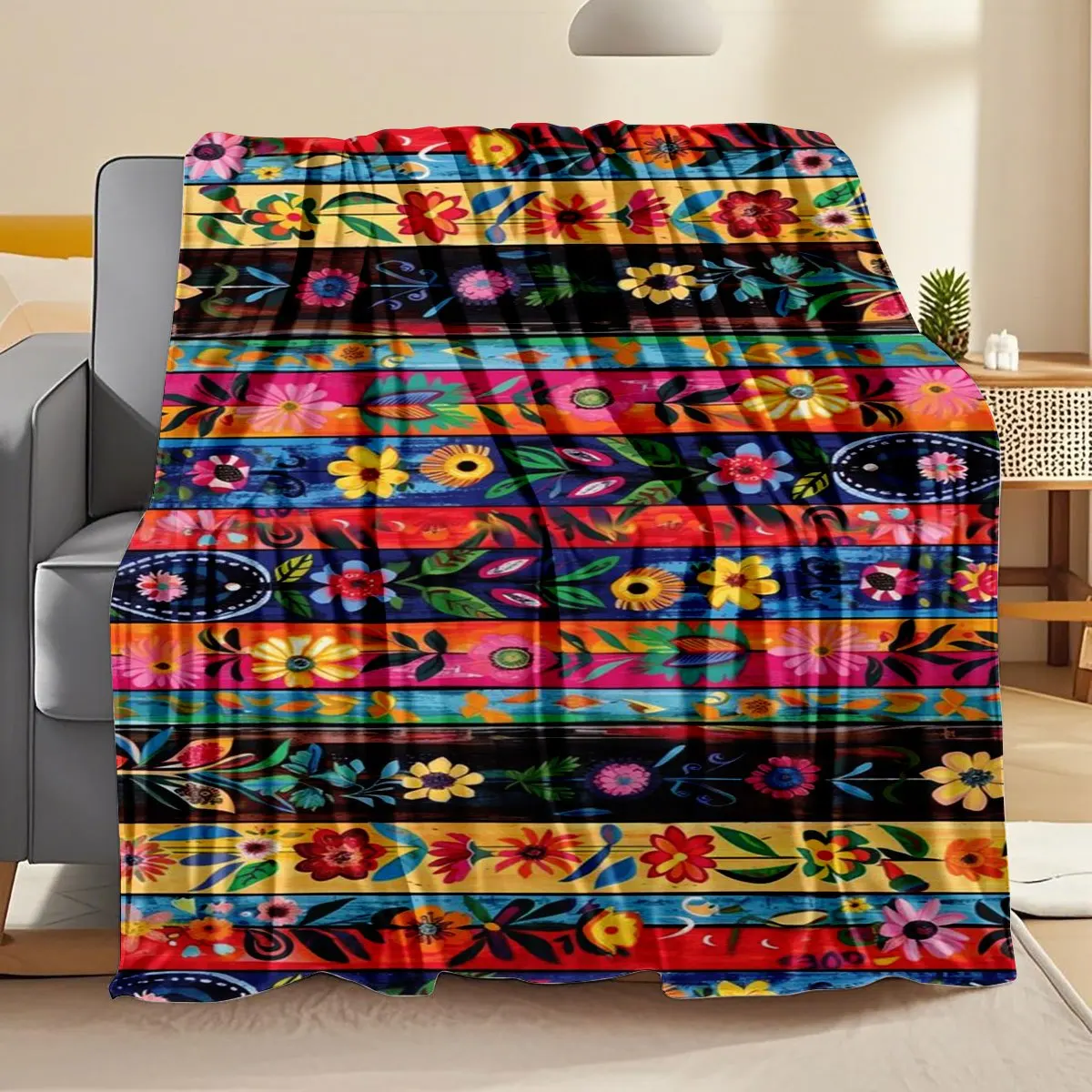 Mexican Style Colorful Floral Stripe Print Blanket 2D Digital Printing Soft Warm Thickened Flannel Blanket Four Seasons Universa - view 5