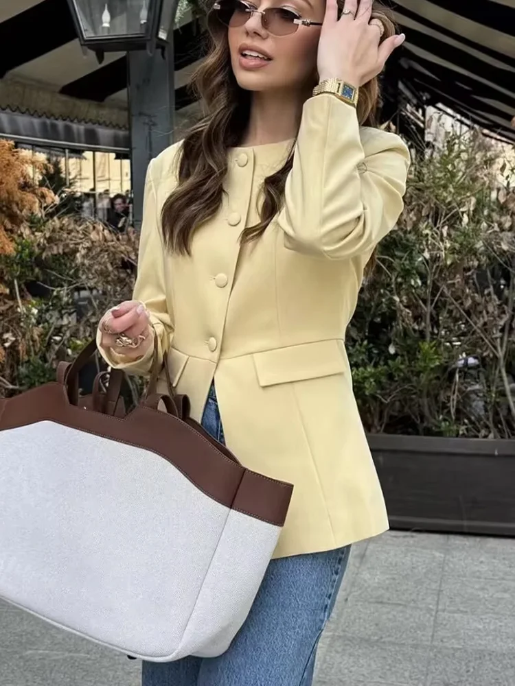 HH Women's New Fashion Versatile Single Breasted Pleated Coat Female Chic Casual High Street Long Sleeve Short Jacket Mujer