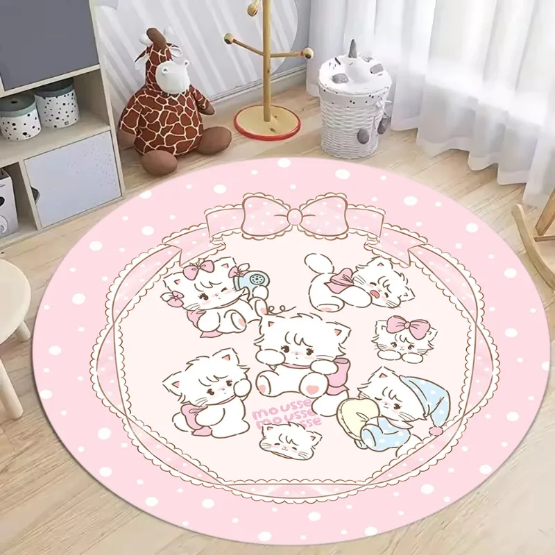 Round Pink Dot Cartoon Cat Carpet for Living Room Bedroom  Cute Cat Patterns Anti Slip Rug  Room Decor