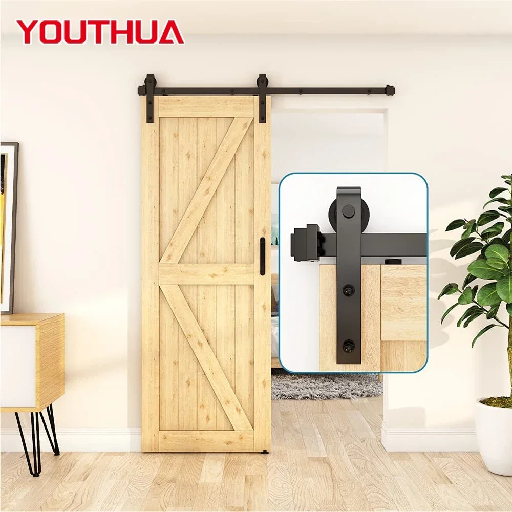 4-12FT J-Shaped Sliding Barn Door Hardware Slides Carbon Steel Hanger Roller Hardware Kit Fittings for Single Doors