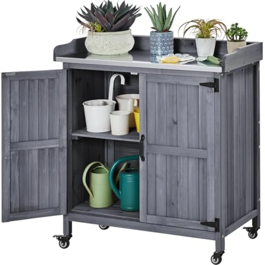 Rolling Potting Bench Outdoor Storage Cabinet, Metal Top