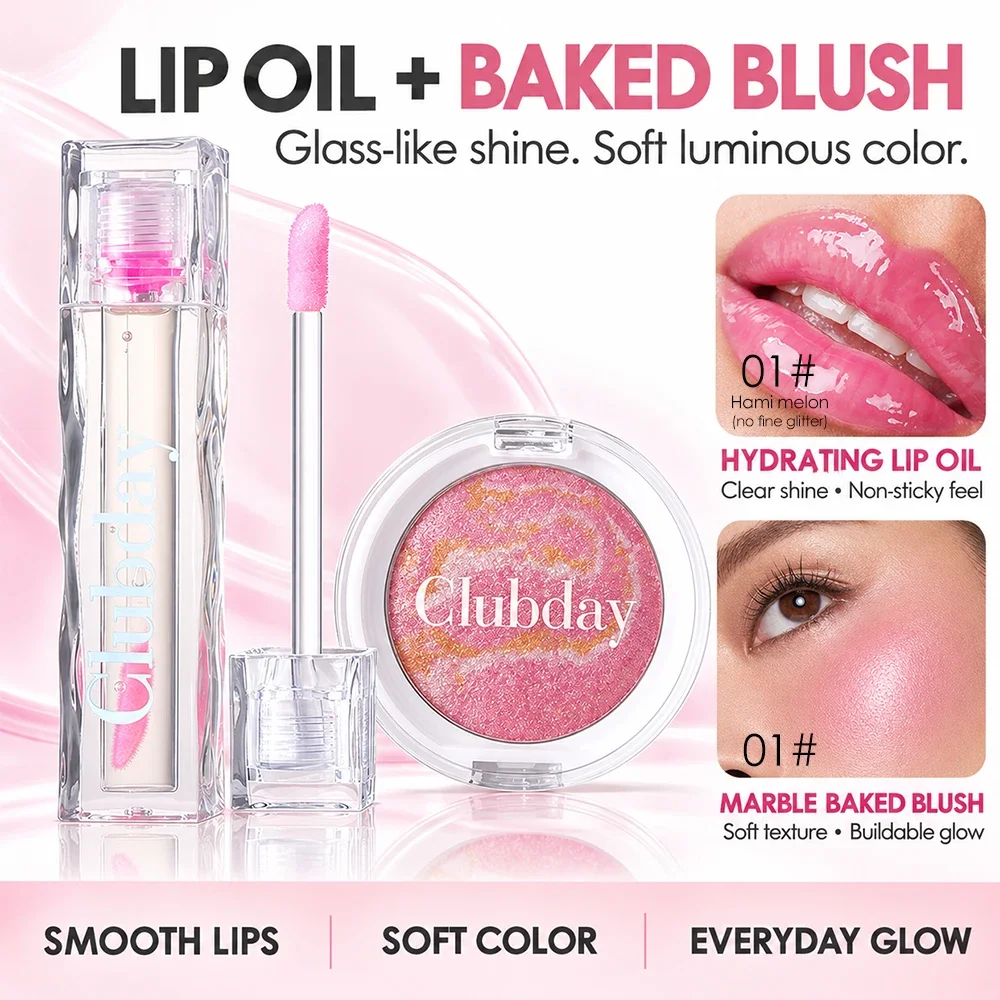 Lip Oil & Marble Baked Blush Duo, Shimmer Color Shift Lip Oil, Luminous Buildable Blush, Hydrating Lip & Cheek Makeup Set