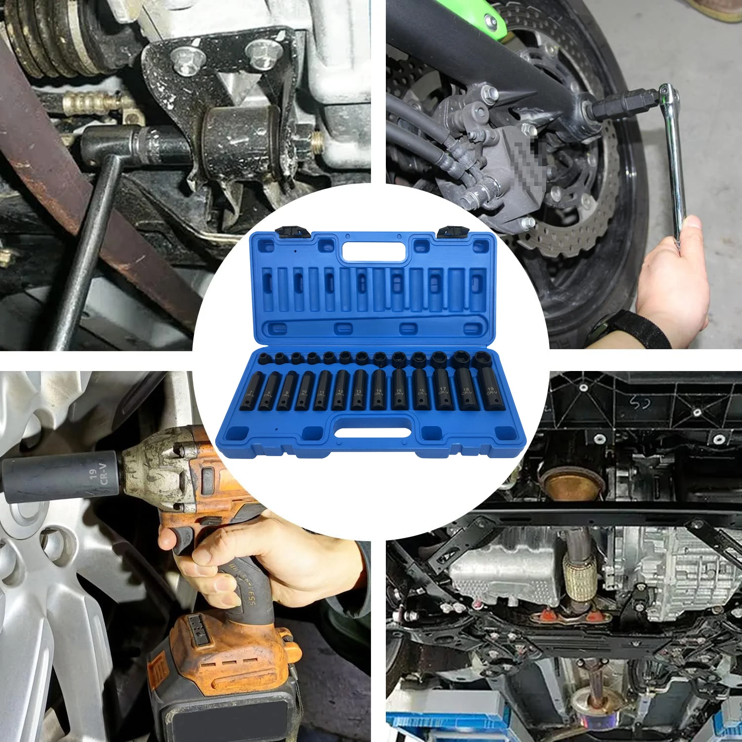 26 Buah Set Soket Impact 3/8 "Soket Dalam & Standar, Metrik 7Mm To19mm, 6 Titik, Perkakas Tangan Multi Fungsi Baja Cr-V