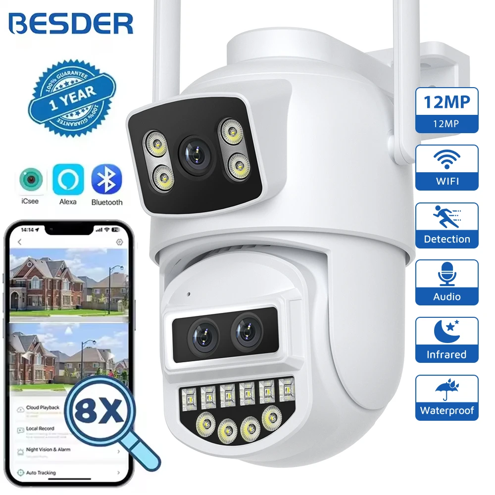 BESDER 6K 12MP Wifi Camera PTZ Dual Screen 8X Digital Zoom AI Auto Tracking Outdoor 8MP CCTV IP Camera Security Protection ICSee