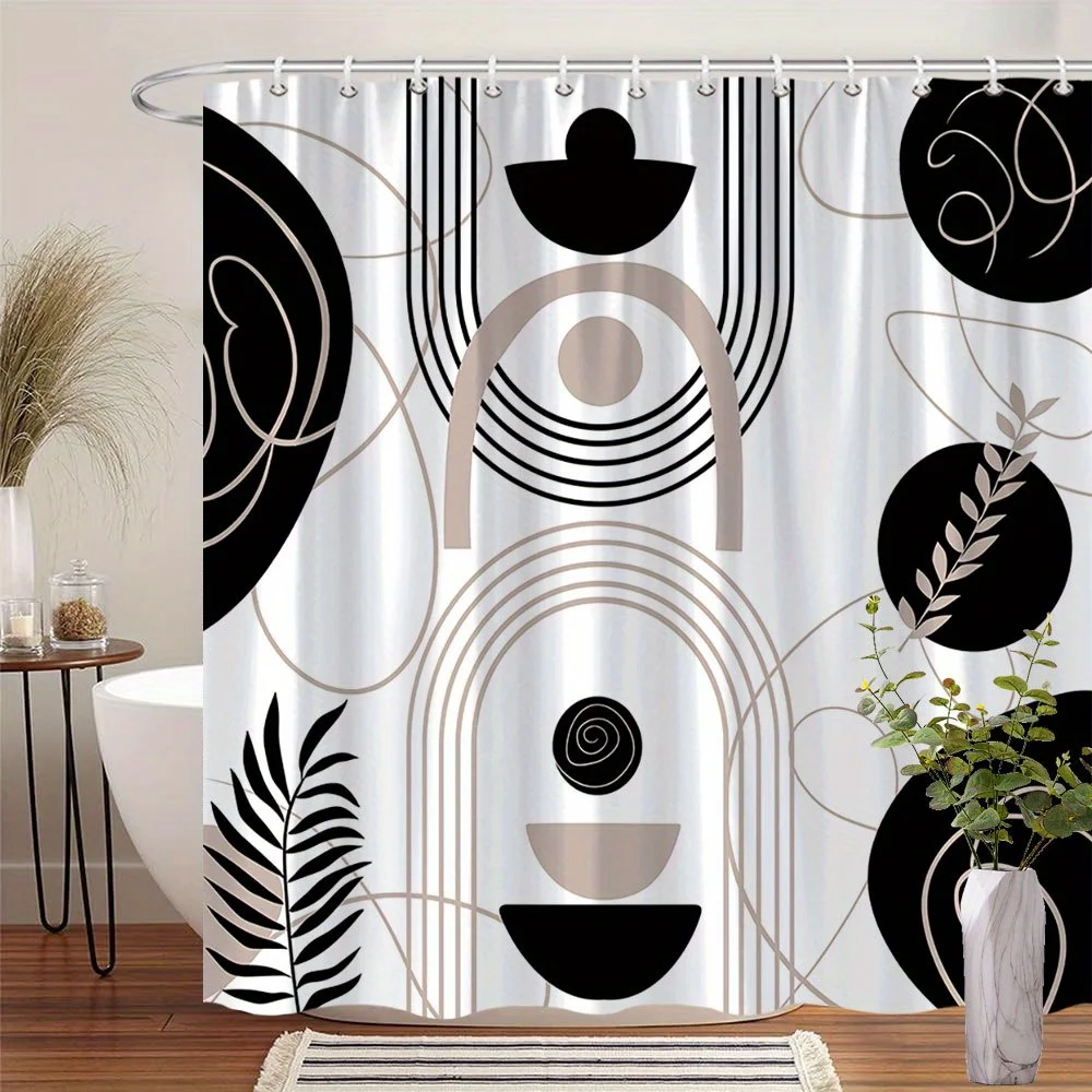 Abstract Geometric Shower Curtain 180x180cm – Black & Beige Circles and Lines, Minimalist Bathroom Decor, 12 Hooks