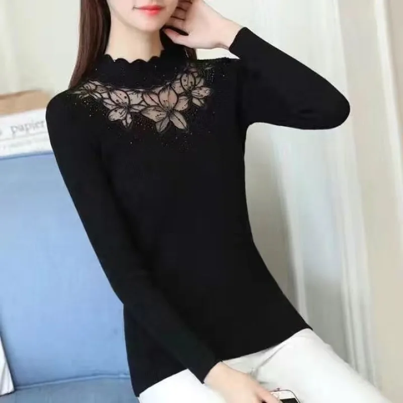 2023 Autumn and Winter Women\'s Half High Neck Knit with Lace and Diamond Slim Fit Casual Elegant Commuter Long Sleeve Sweater