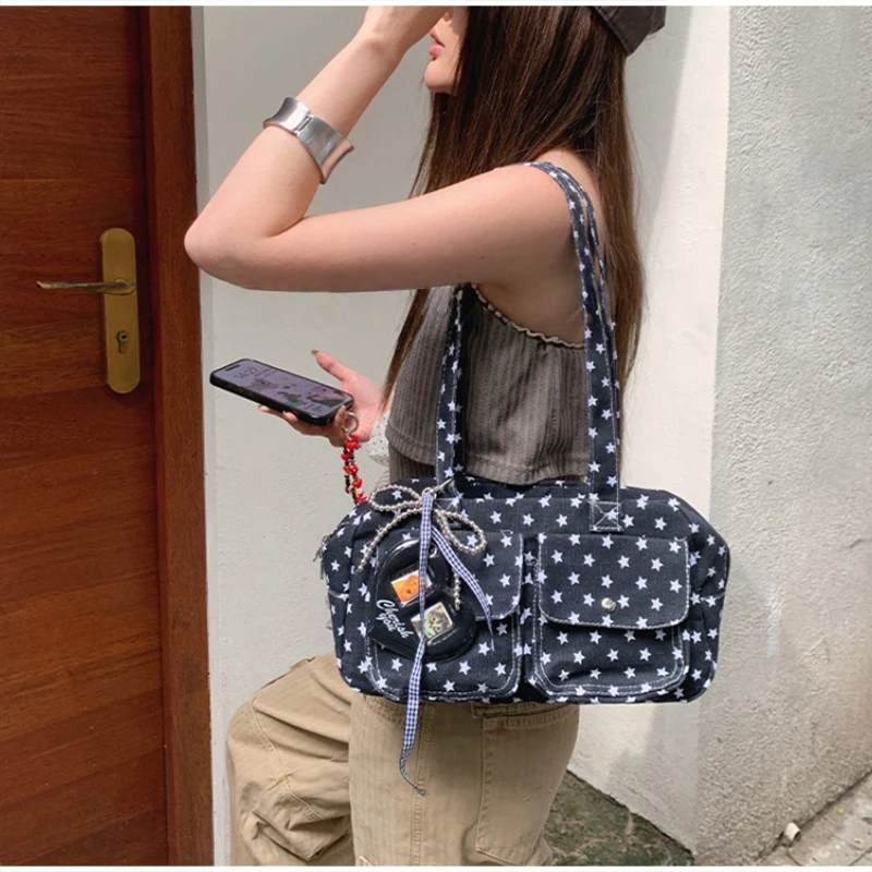 Mehrfach-Taschen-Schultertasche mit Polka Dots, Damen-Canvas-Tragetasche, Koreanische Lässige Süße Niedliche Pendler-Einkaufs-Reisetasche – Detail 29
