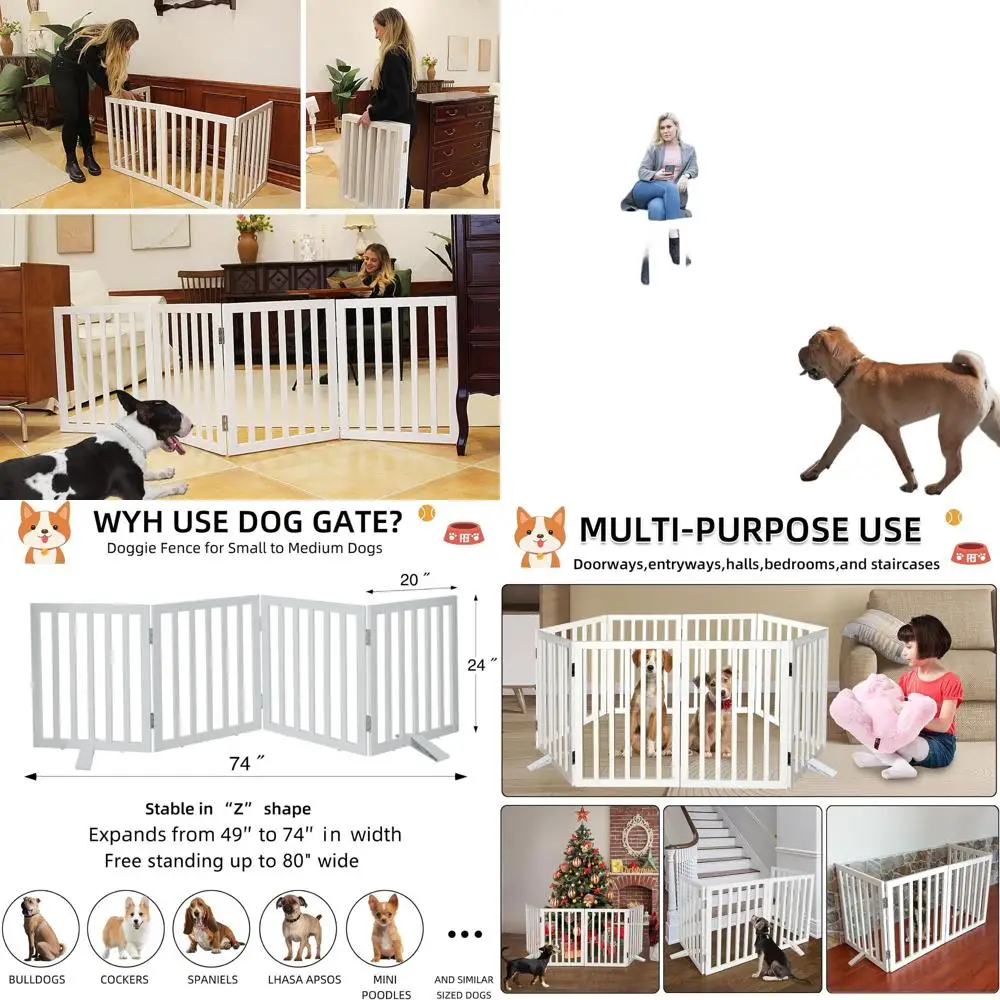 

Белые складные деревянные ворота для домашних животных, 24 высота, 4 панели, отдельно стоящие для внутреннего использования, подходят для дверных проемов, прихожей и лестниц