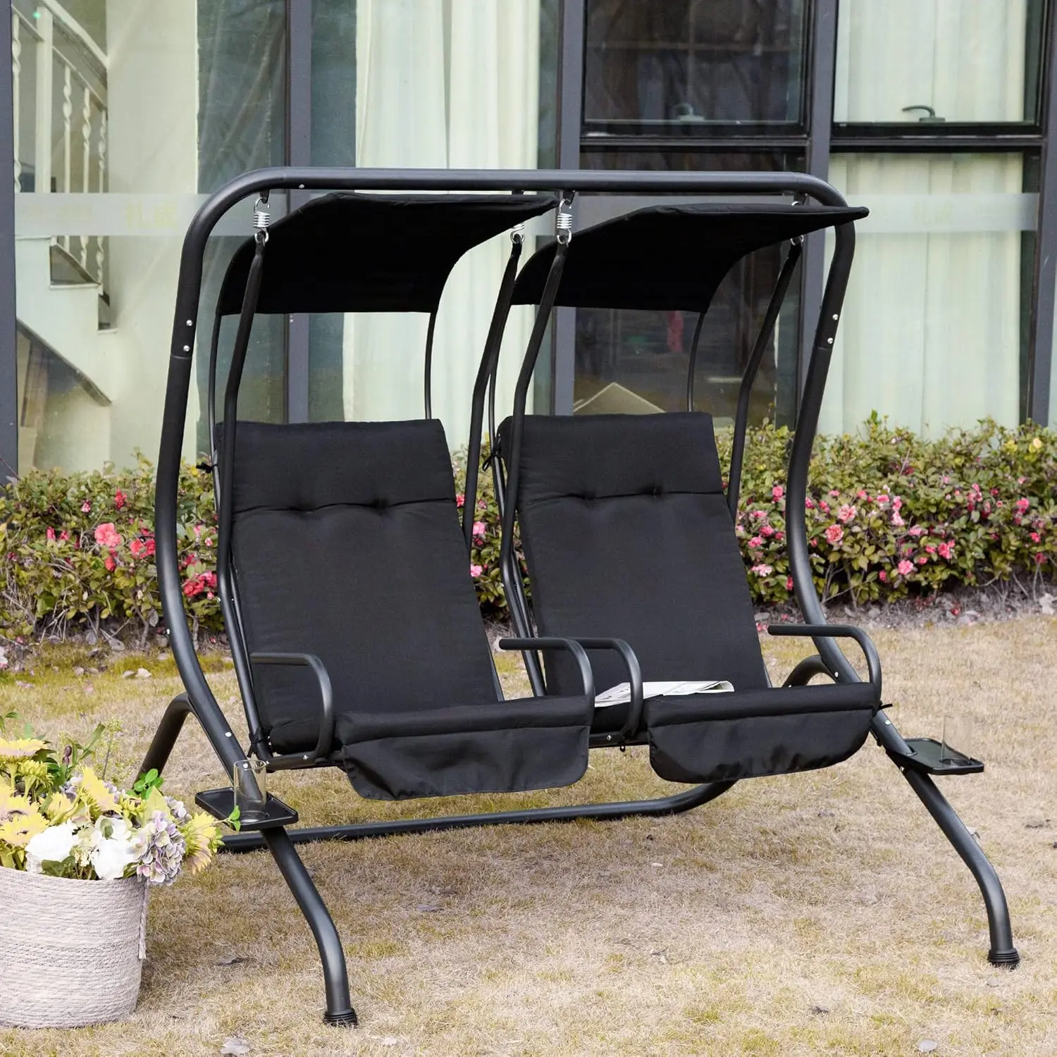 Patio Swing Chair with 2 Separate Seats Outdoor Swing Glider with Removable Canopy and Cup Holders for Porch Garden Poolside