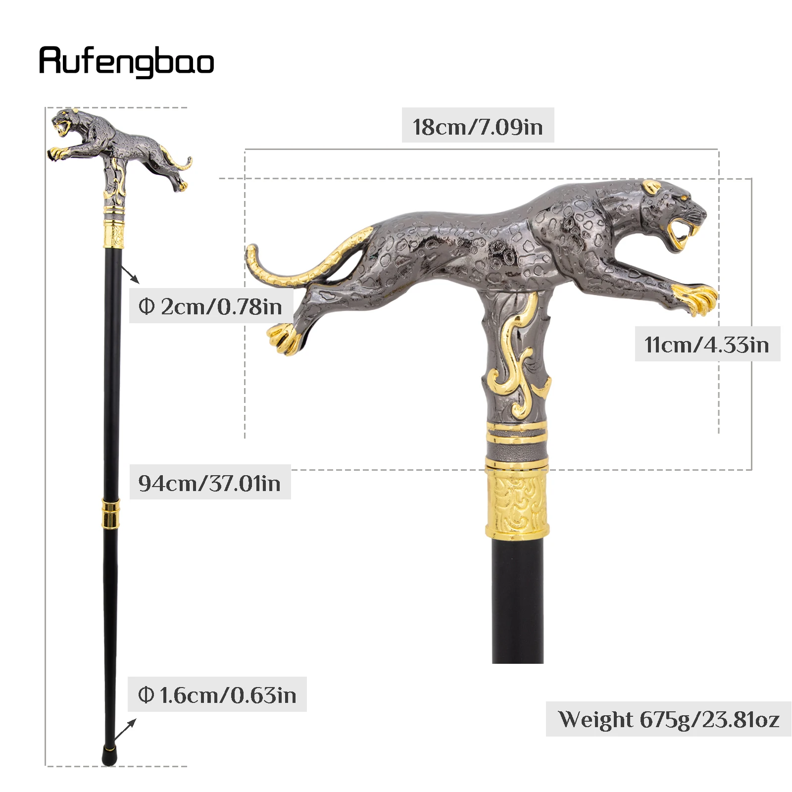 Golden Black Running Leopard with Tail Walking Stick Decorative Cospaly Party Fashionable Cane Halloween Crosier Cane 94cm