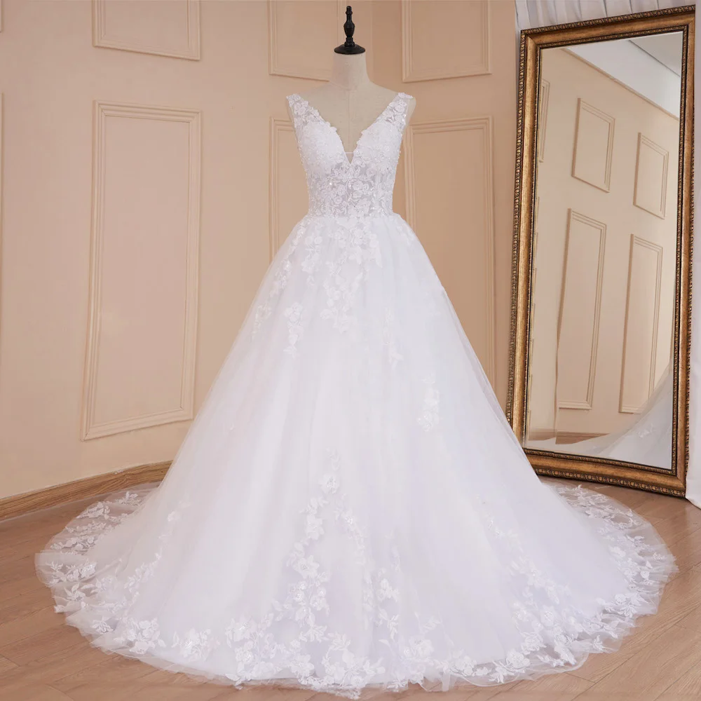 HEULORIA elegant wedding dress V neck lace applique A Line bridal dress Robe De Mariee Wedding Bride Dress