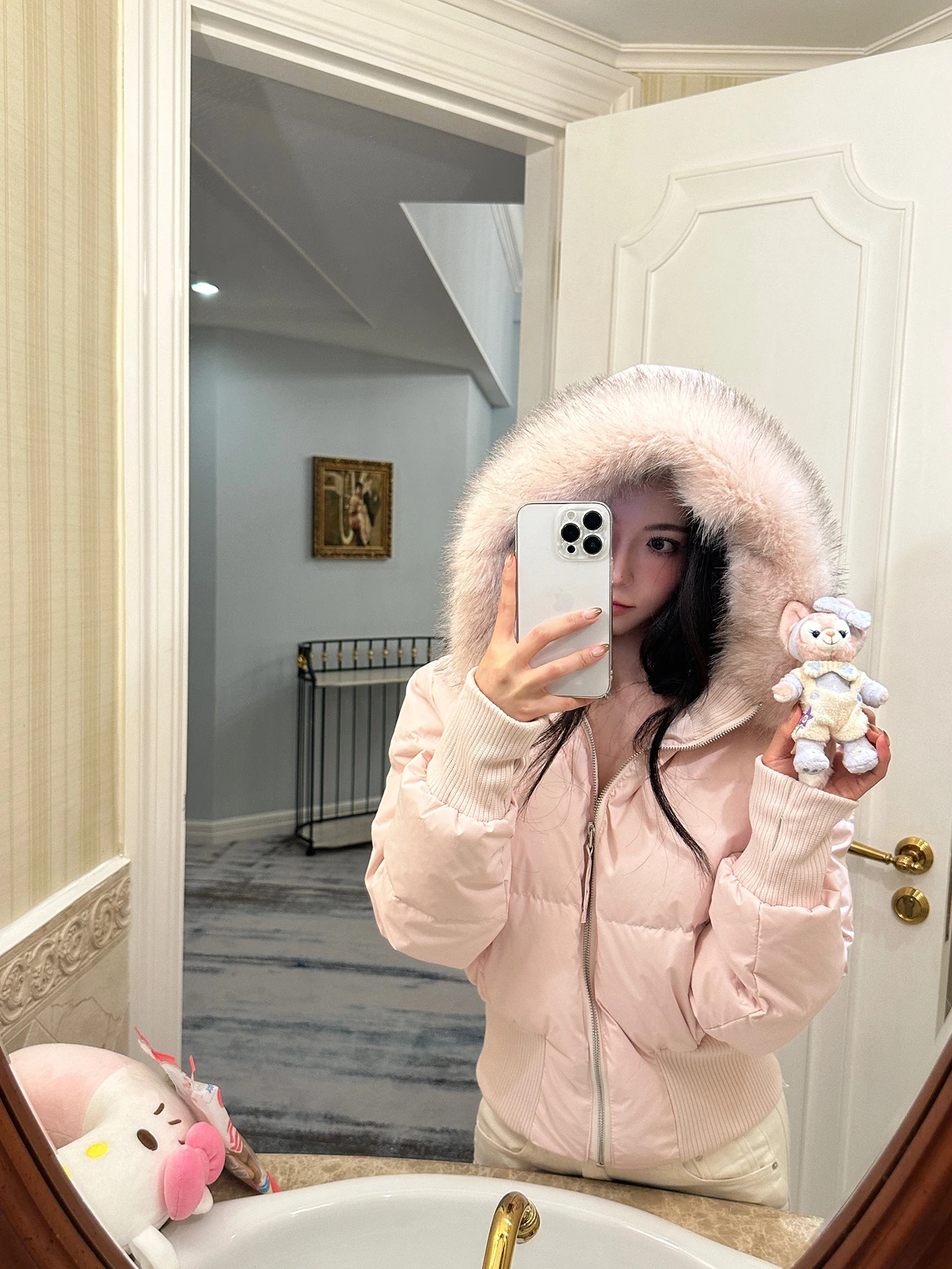 

Pink Hooded ort down Jaet Women's Slim Fit Warmth Cold Resistance Fur Collar All-Match Winter Casual Sle High Waist