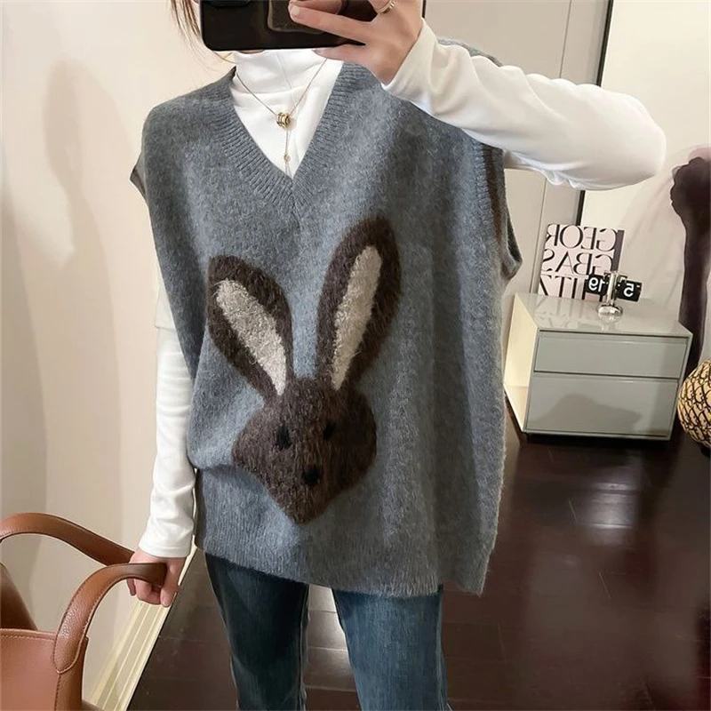 Women's Trendy Kawaii Cartoon Streetwear Harajuku Oversized Outewear Knitted Sweater Vest Y2K Casual Sleeveless V Neck Waistcoat