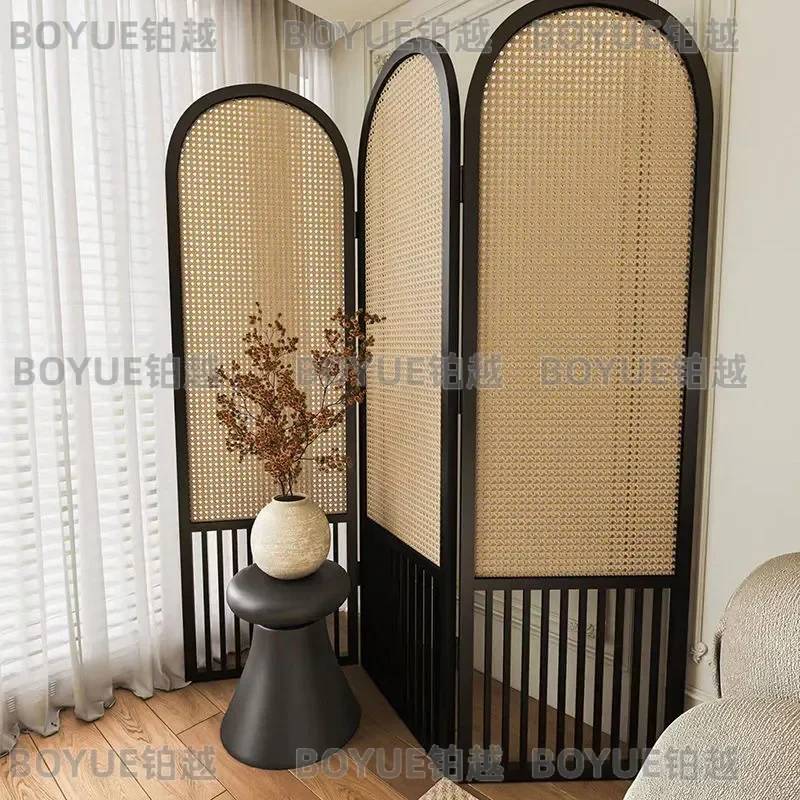 for French Rattan Screen Indoor Foldable Partition Wooden Room Divider Mobile Entrance Blocking Privacy Shield