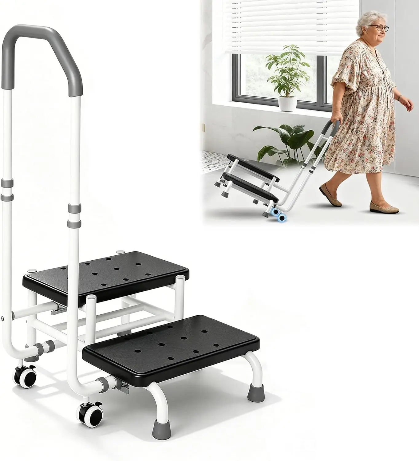 2 Step Stool with Handle for Elderly, 330lb Capacity - 5-Position Adjustable Handrail & 360° Rolling Wheels, Stable Bed Steps for High Beds for Safe Access to High Beds, Bathtub, Kitchen, RV