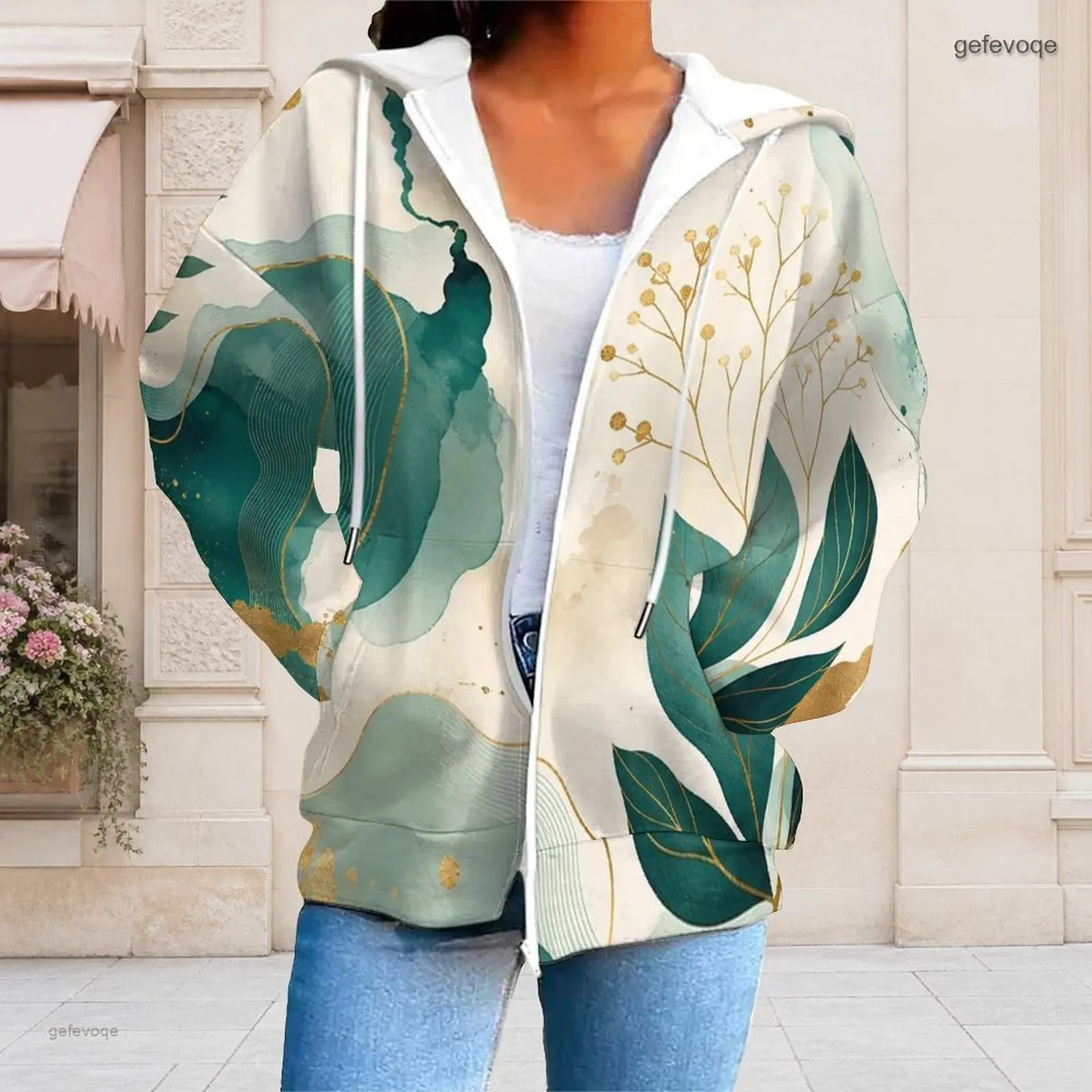 Women Cream Base Teal Green Botanical Leaf Gold Accent Print Zip Up Hoodie