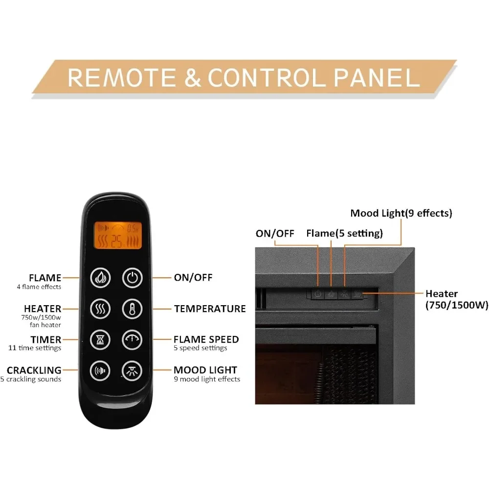 유리 문짝 및 메쉬 스크린 포함 전기 벽난로 인서트 (EF265B), 벽난로 히터, 화재 크래킹 사운드, 39 인치, 750 W, 1500W