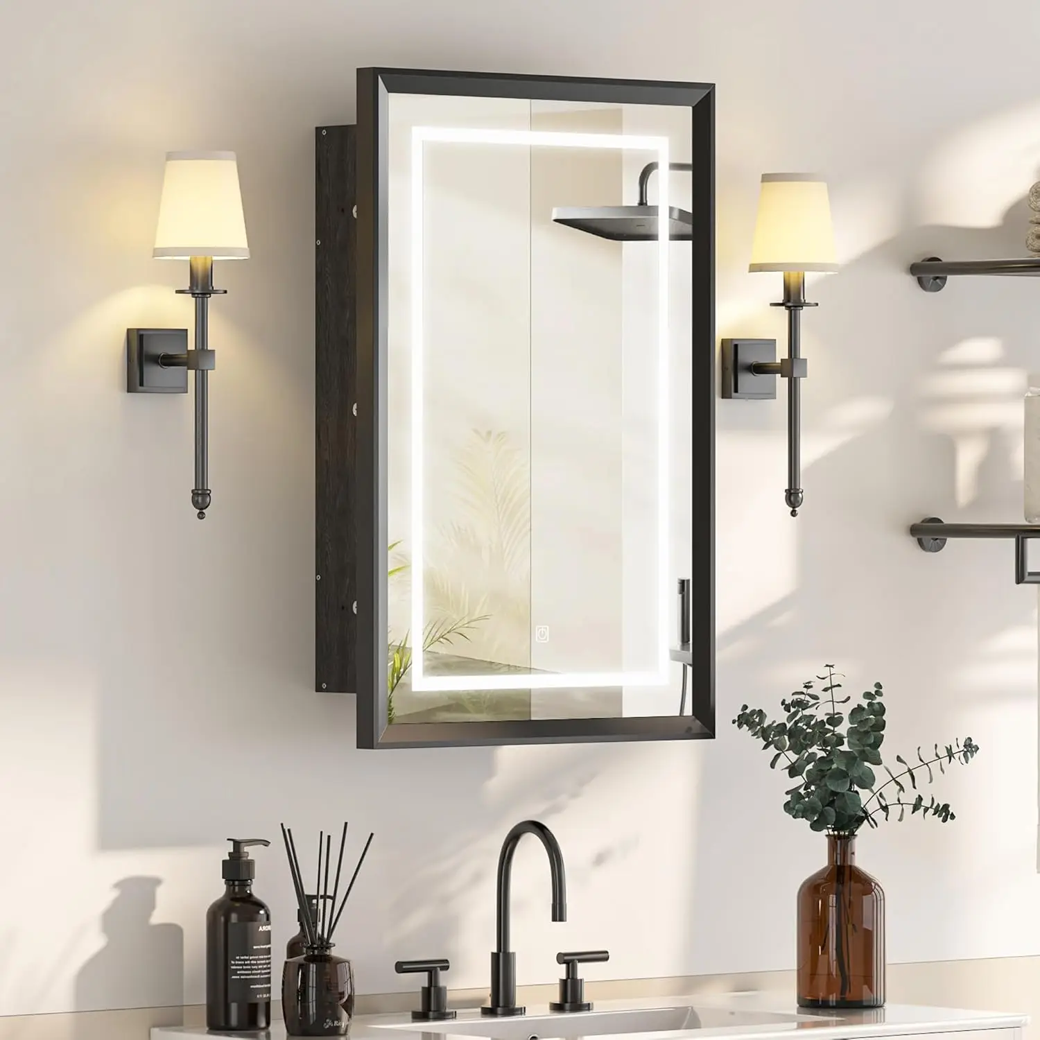 

Recessed Aluminum Medicine Cabinet LED Lighted Beveled Mirror 3-Color Dimmable Adjustable Glass 20x30 Black Bathroom, Customized