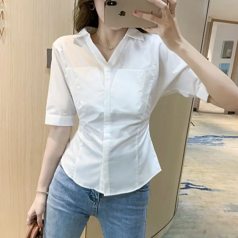 2024 New Fashion Ladies Chiffon Blouse New Turn Down Collar Solid Backless Shirt Summer Short Sleeve Tops Bottoming Shirt Q163