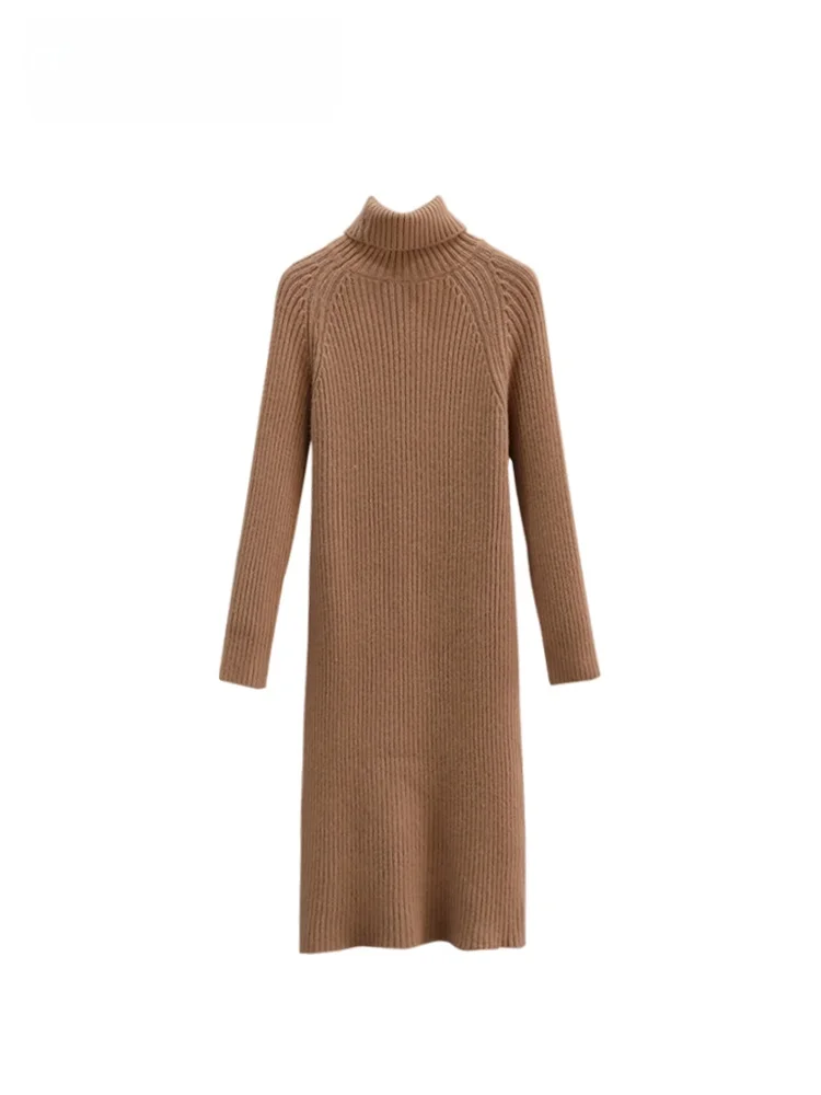 

Трикотажное платье Long Sve с высоким воротником больших размеров, женское осенне-зимнее новое платье средней длины, повседневное трапециевидное платье...