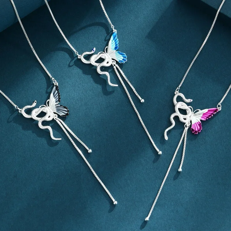 

Half butterfly fairy snake tassel necklace, fashionable clothing necklace, blue patchwork personalized collarbone chain