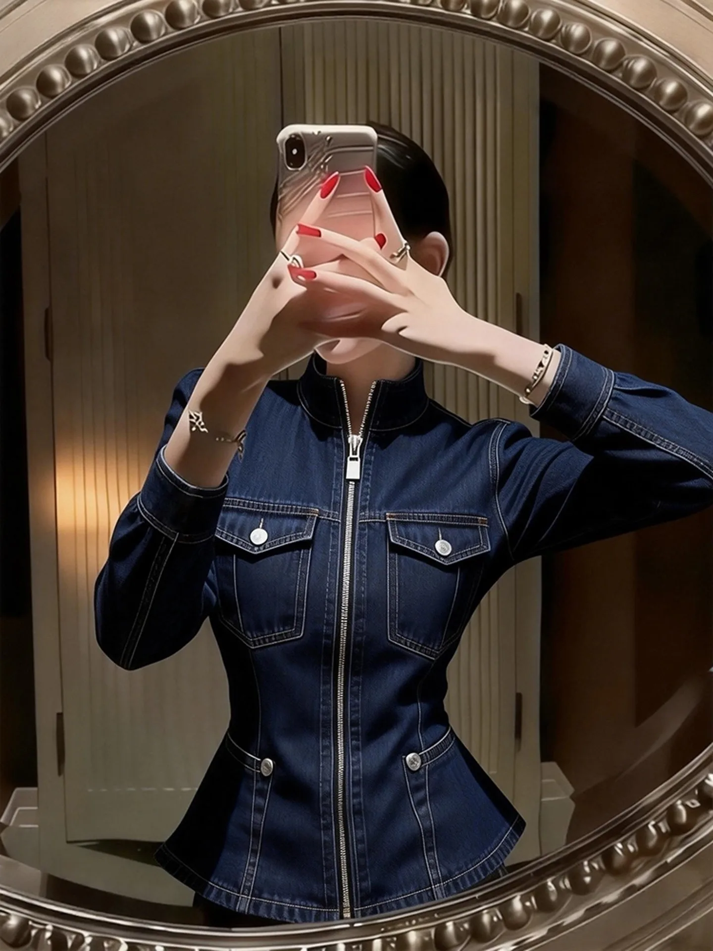 

Blue Denim Jaet Zipper Waist Cinched Unique Beautiful Women's Spring 2026 Commute Sle ort Outerwear Ladies Faion