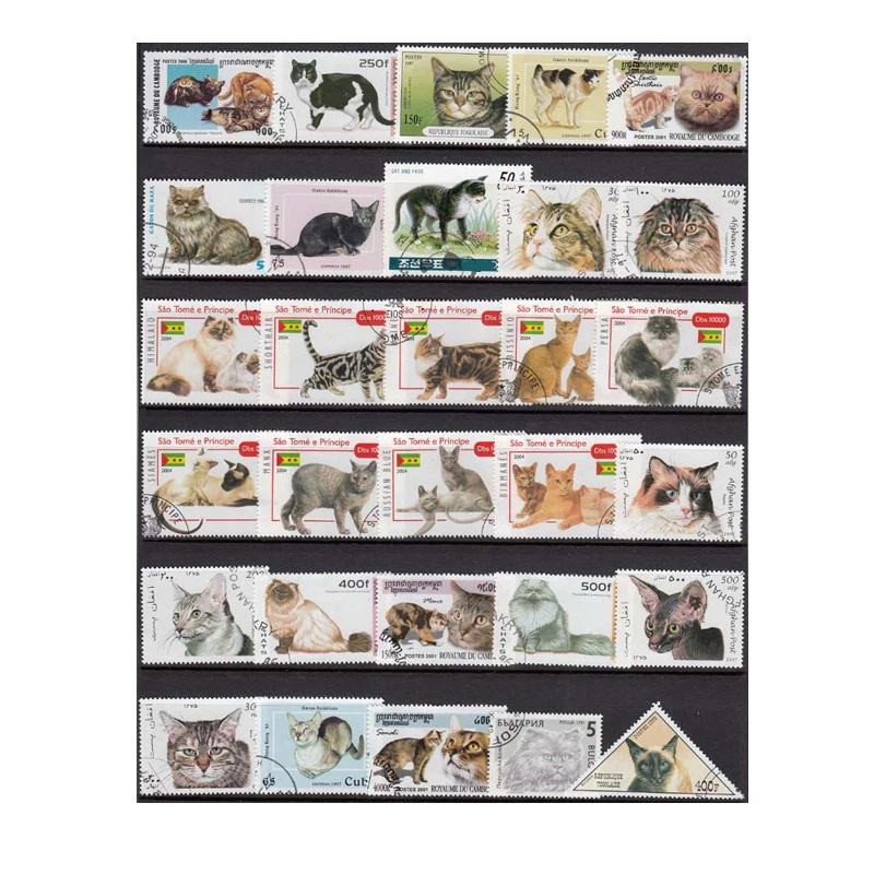 50 PCS  All Different  Topic Animal  Cat Unused Postage Stamps With Post Mark For Collecting Postal Stampel