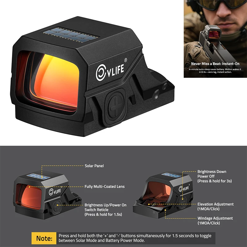 

CVLIFE Enclosed Solar Red Dot Sight 2 MOA Dot & 32 MOA Circle Solar-Charging Reflex Optics Scope Sighting for Pistols Hunting
