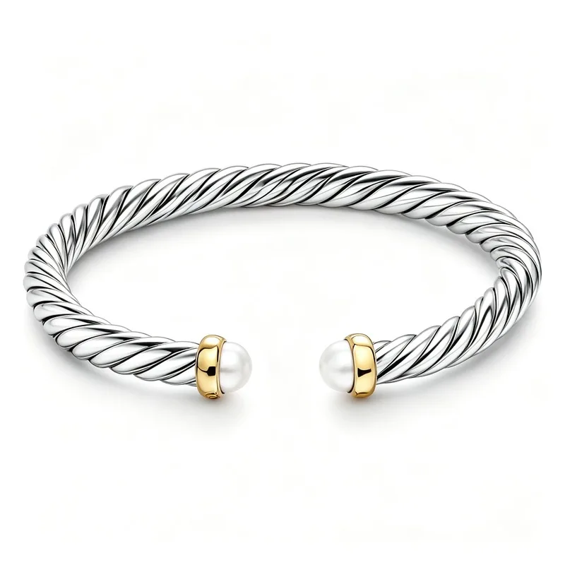 Pulsera rígida de diseño trenzado en tonos plateados y dorados, con perlas, para mujer. Pulsera minimalista con forma de espiral, ideal como regalo de joyería para el día a día.