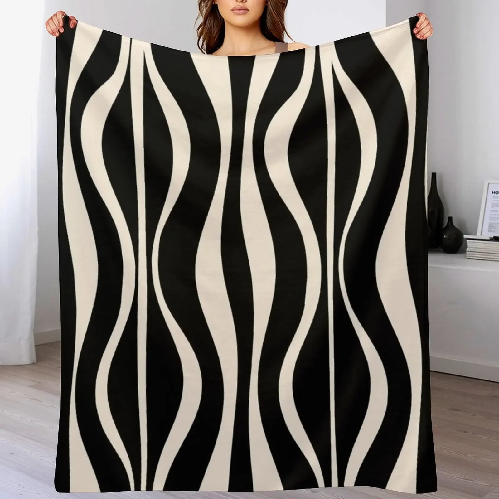 

Hourglass Abstract Midcentury Modern Retro Mod Pattern in Black and Almond Cream Throw Blanket Plaid Vintage Flannels Blankets