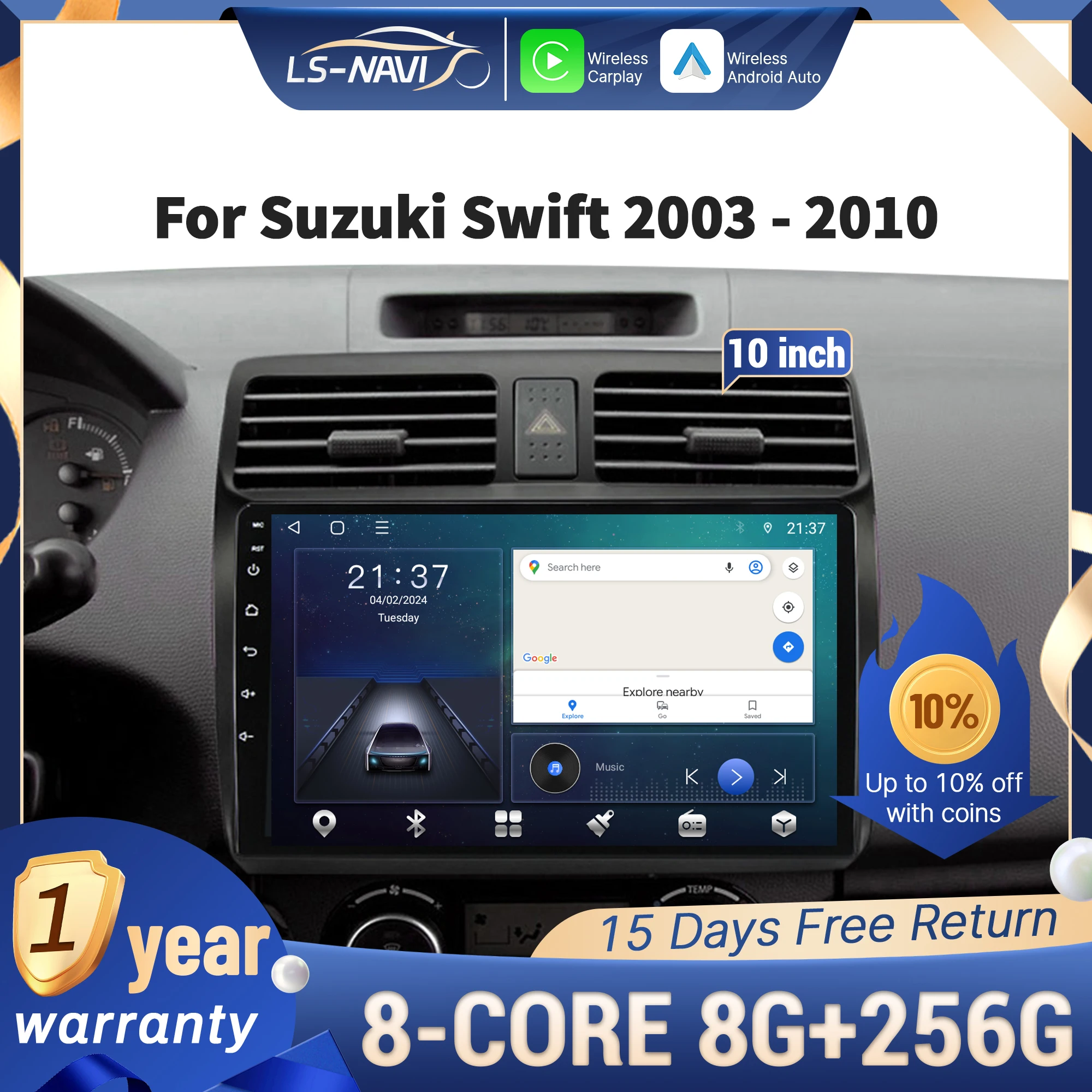 

Для Suzuki Swift 2003-2010 Android 14, автомобильный радиоприемник, мультимедийное видео, GPS-навигация, беспроводной BT, Apple Carplay, сенсорный экран, стерео