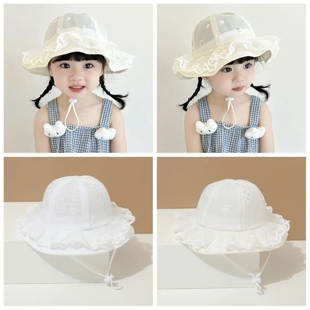 

Lovely Sweet White Lace Bucket Hat Sunscreen Princess Toddler Sun Hat Ruffle with Rope Baby Fishermen Hat Infant