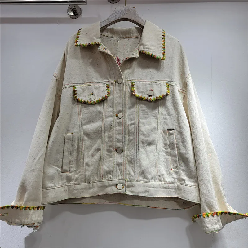 Chaqueta vaquera azul de algodón con bordado Floral bohemio para mujer, abrigos de manga larga para primavera y otoño, prendas de vestir, abrigo informal