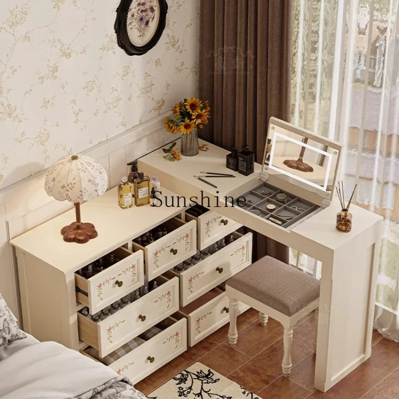 Retro cream dresser painted French light luxury storage cabinet integrated and semi-surrounded by the bedside  FT