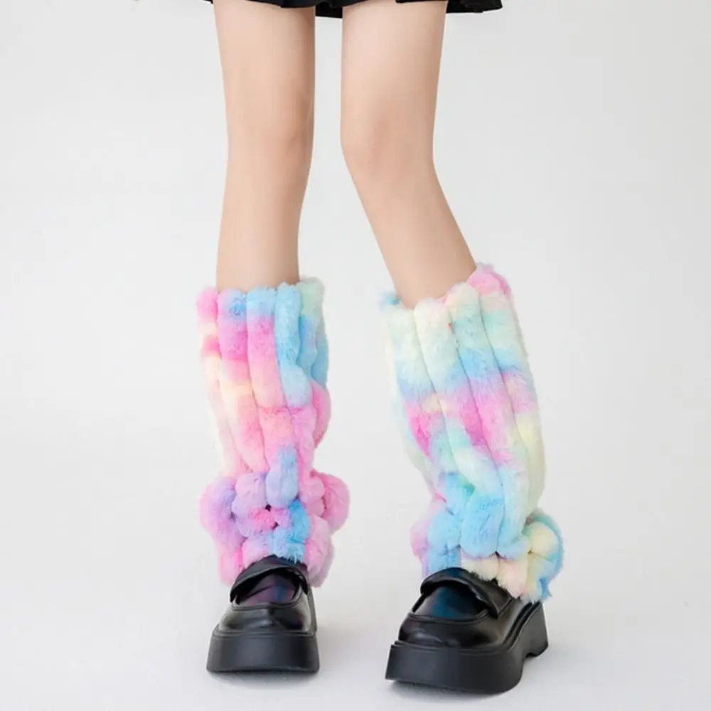 Calentador de piernas de felpa a rayas de estilo japonés JK Lolitas Harajuku, medias tejidas para cubrir piernas, medias coloridas para cubrir los pies, calcetines de pila